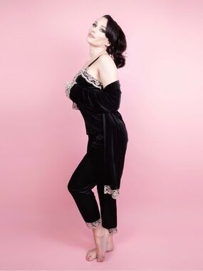 Black Velvet Lace-Trim Pajama Set
